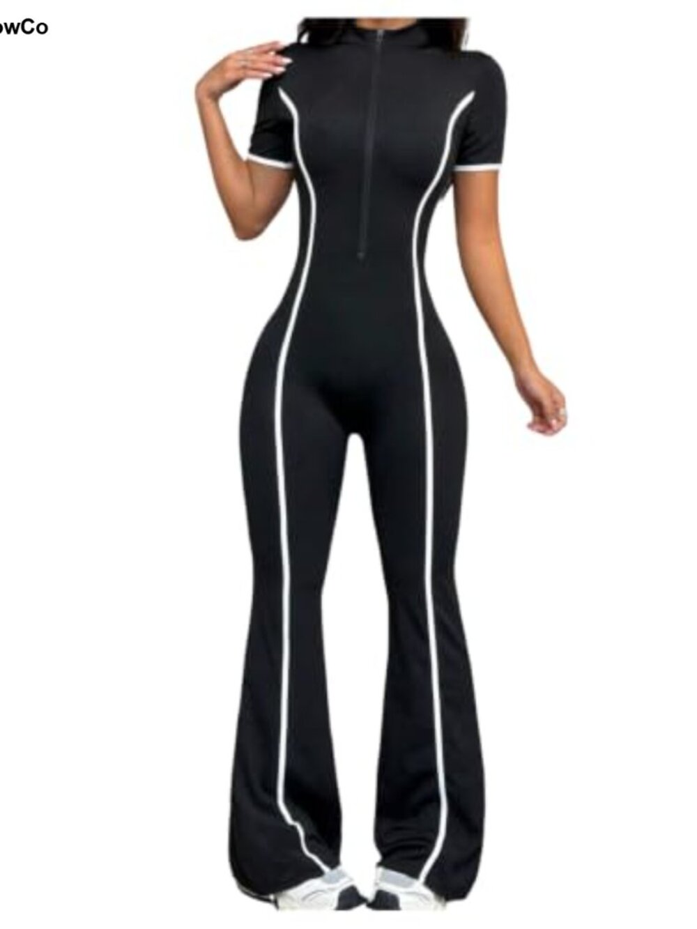 WDIRARA Women's Zip Up Short Sleeve Workout Jumpsuit Contrast Trim Gym Yoga